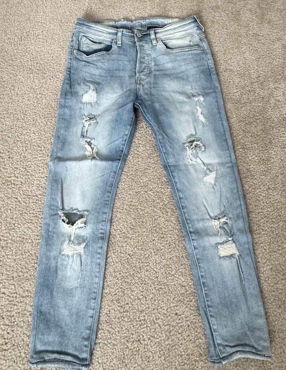 H&M &Denim Womens 32 / 32 Skinny Low Rise Jeans Light Wash Distressed Ripped Y2K